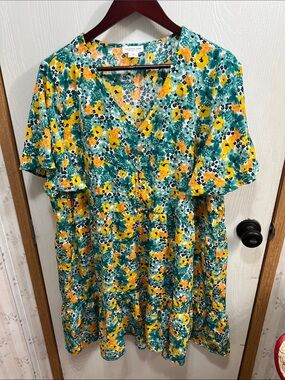 Floral V-Neck Midi Dress in Teal & Yellow